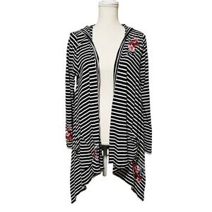 JOHNNY WAS BLACK AND WHITE HOODED OPEN CARDIGAN SIZE MEDIUM